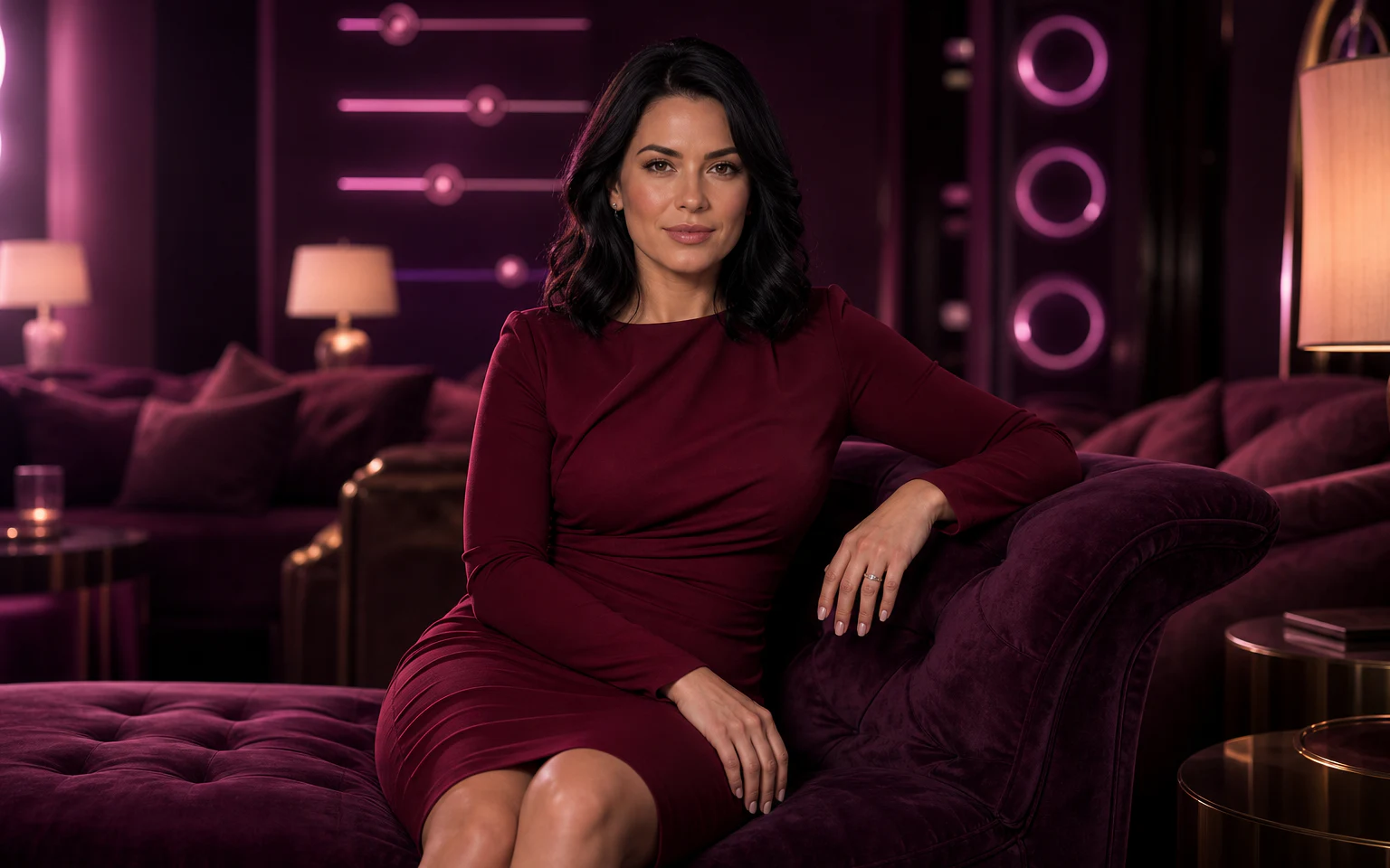 Fictional adult woman in a private lounge with personalized experience controls