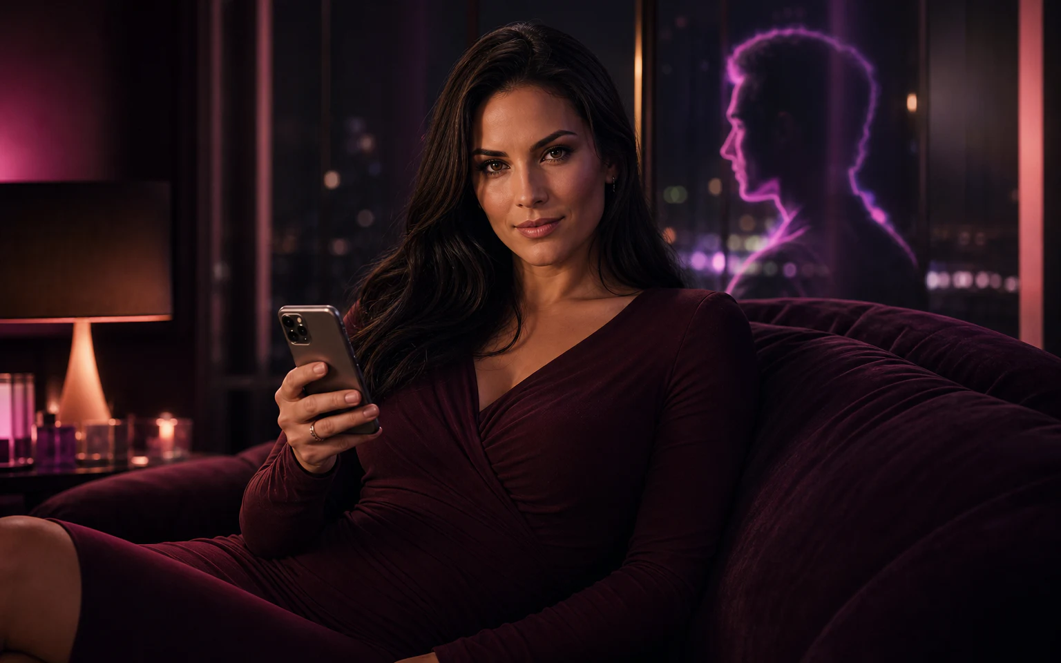Fictional adult woman exploring an AI companion experience in a plum lounge